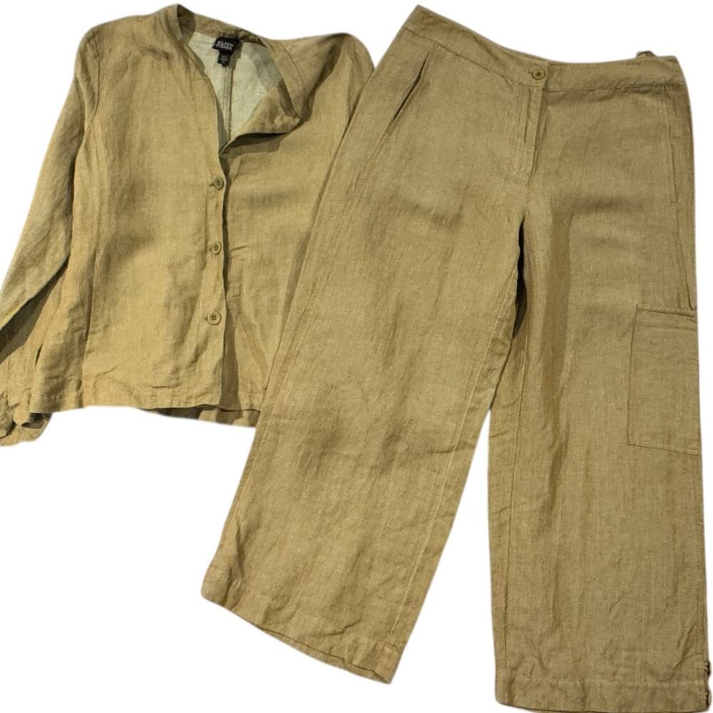 Eileen FIsher pants and jacket set  sz M linen blend tea green